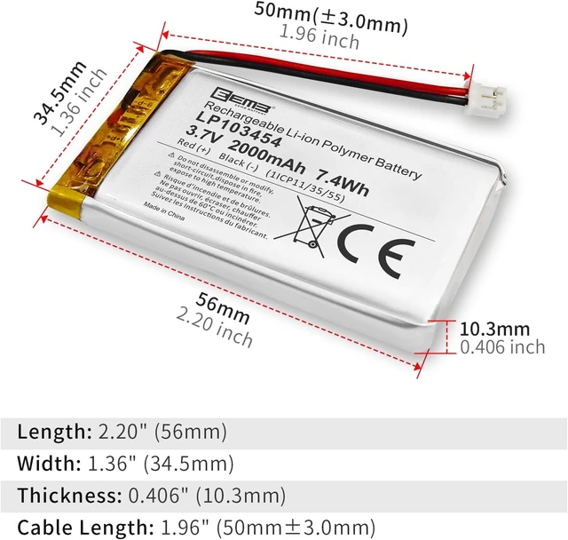 Alt view image 5 of 7 - EEMB 3.7V 103454 2000mAh Lipo Battery Rechargeable JST 2.0mm 1-Pack