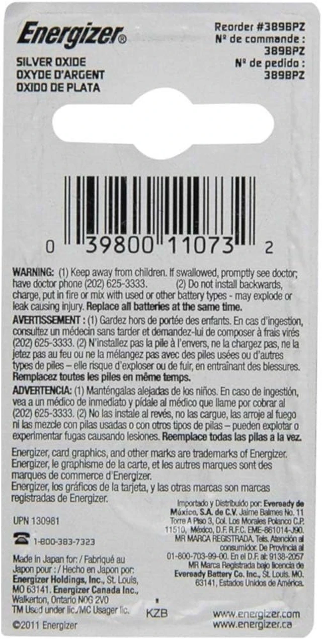 Alt view image 3 of 3 - Energizer 389 Button Cell Silver Oxide SR1130W Watch Battery Pack of 5 Batteries