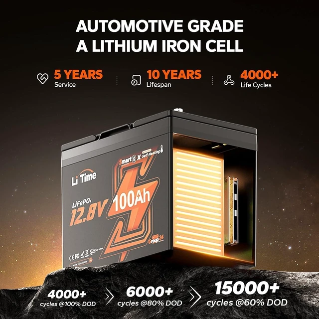 Alt view image 7 of 7 - Litime 12V 100Ah Self Heating RV LiFePO4 Battery for Camper, Travel Trailer