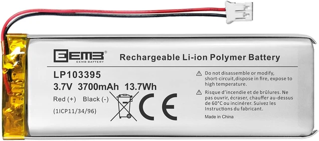 Main image of EEMB 3.7V 103395 3700mAh Lipo Battery Rechargeable JST 2.0mm, 1-Pack