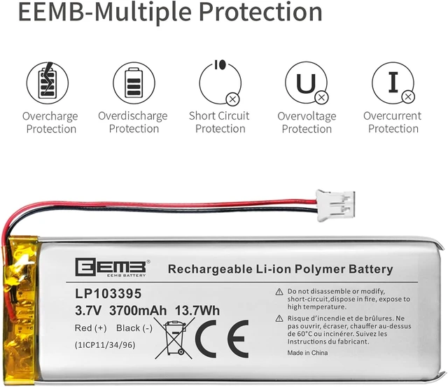 Alt view image 6 of 7 - EEMB 3.7V 103395 3700mAh Lipo Battery Rechargeable JST 2.0mm, 1-Pack