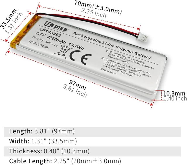 Alt view image 4 of 7 - EEMB 3.7V 103395 3700mAh Lipo Battery Rechargeable JST 2.0mm, 1-Pack