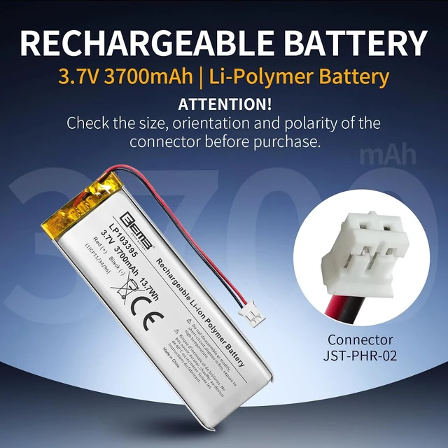 Alt view image 5 of 7 - EEMB 3.7V 103395 3700mAh Lipo Battery Rechargeable JST 2.0mm, 1-Pack
