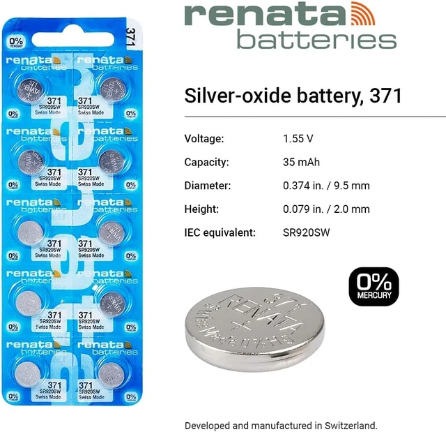 Alt view image 2 of 6 - Renata 371 SR920SW Batteries - 1.55V Silver Oxide 371 Watch Battery (10 Count)