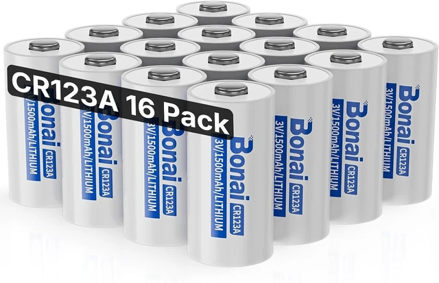 Main image of BONAI CR123A 3V Lithium Battery, 1500mAh High Capacity CR123 CR17345 Batteries for Smart Home Sensors, Flashlights & Security Systems, 10-Year Shelf Life, Non-Rechargeable (16 Pack)