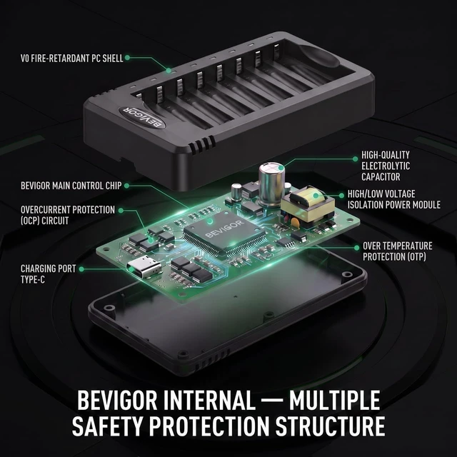 Alt view image 4 of 7 - BEVIGOR 8 Bay AA AAA Battery Charger+16AAA, Independent Slot Charger with LED Light, USB High Speed Charging, for Ni-MH Ni-CD Rechargeable Batteries, No Adapter