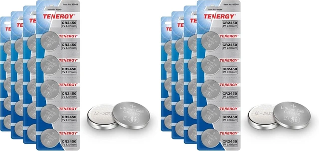 Main image of Tenergy CR2450 Battery, 3V Lithium Coin Cell Battery for Car Key Fob, Remote Controllers, Garage Door Openers, Calculators, Thermometers and More, 20 Count (Pack of 2)