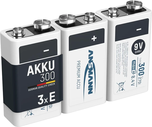 Main image of ANSMANN 9V Rechargeable Batteries 300mAh pre-Charged Low Self-Discharge NiMH 9 Volt Battery 9V Battery (3-Pack)