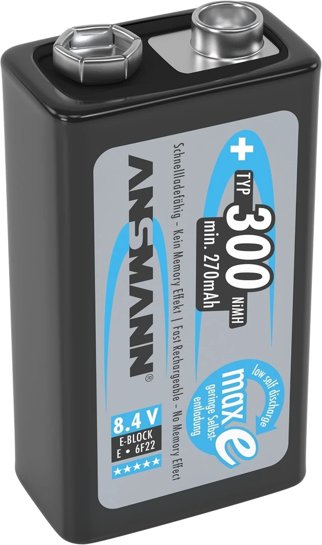 Alt view image 6 of 6 - ANSMANN 9V Rechargeable Batteries 300mAh pre-Charged Low Self-Discharge NiMH 9 Volt Battery 9V Battery (3-Pack)