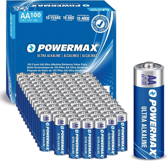 Main image of Powermax 100-Count Double AA Batteries, Ultra Long Lasting Alkaline Battery for Home and Office, 10-Year Shelf Life, Reclosable Packaging