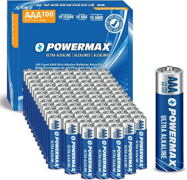Main image of Powermax 100-Count Triple AAA Batteries, Ultra Long Lasting Alkaline Battery for Home and Office, 10-Year Shelf Life, Reclosable Packaging
