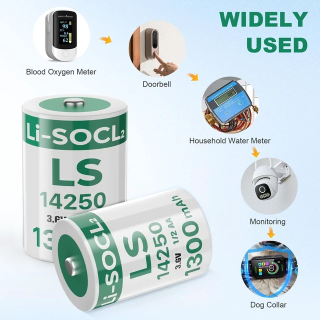 Alt view image 6 of 7 - 2-Pack LS14250 3.6V 1/2AA 1300mAh Lithium Battery for SAFT Water Meter Electricity Meter Gas, ER14250 Batteries Non-Rechargeable