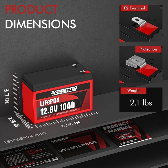 Alt view image 2 of 7 - CYCLENBATT 12V 10Ah LiFePO4 Lithium Battery, UL Certified, 5000+ Cycles