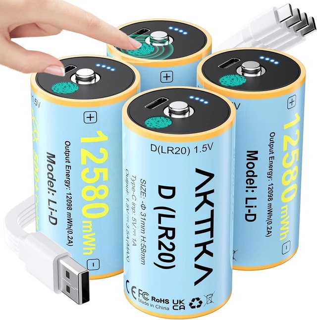 Main image of 4 Pack Rechargeable D Batteries, 1.5V Lithium LR20, 500+ Cycles