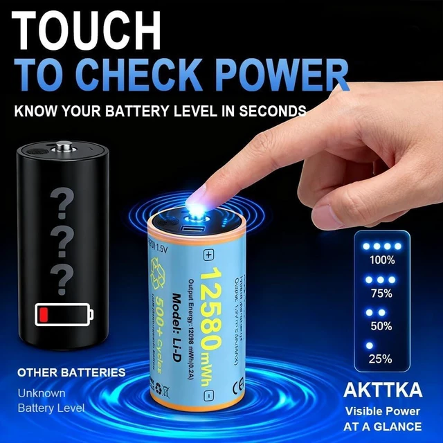 Alt view image 4 of 7 - 4 Pack Rechargeable D Batteries, 1.5V Lithium LR20, 500+ Cycles