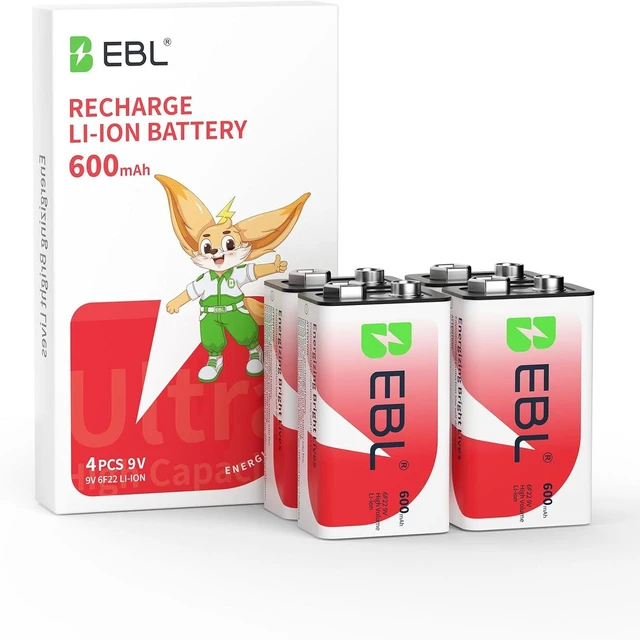 Main image of EBL Rechargeable 9V Batteries 9 Volt Li-ion 600mAh Lithium ion Batteries (4-Packs)
