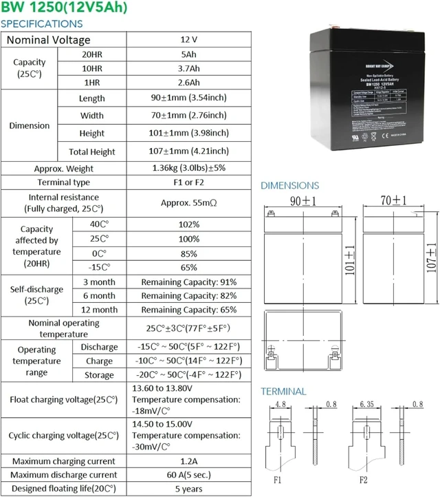Alt view image 6 of 7 - BW1250-F1, BW 1250 (0124), BWG 1250 T1 Battery, 12V 5Ah