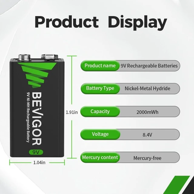 Alt view image 3 of 7 - BEVIGOR 9V Rechargeable Batteries, NiMH 2000mWh, Long Lasting Power High Capacity 9V Batteries 4 Count