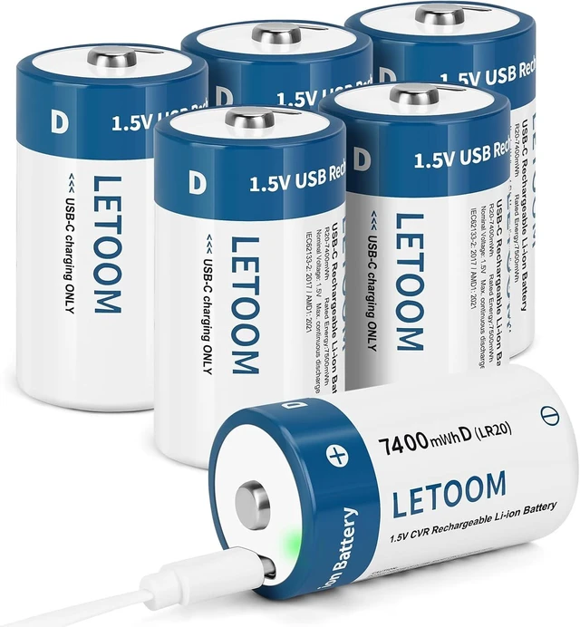 Main image of D Batteries Rechargeable with 4 in 1 USB C Charging Cable D Size Cell Lithium Batteries 1.5V for Flashlights, Toys, and Floodlights (6 Pack, D Battery)