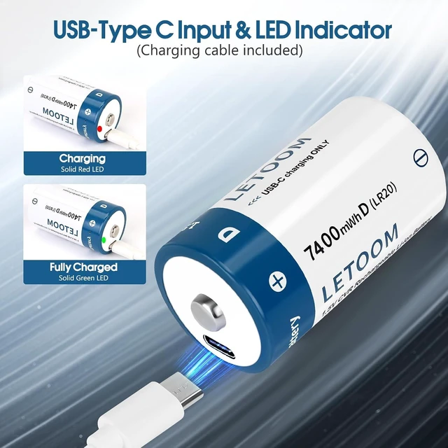 Alt view image 2 of 7 - D Batteries Rechargeable with 4 in 1 USB C Charging Cable D Size Cell Lithium Batteries 1.5V for Flashlights, Toys, and Floodlights (6 Pack, D Battery)