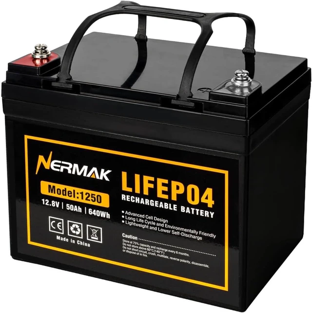 Main image of NERMAK 12V 50Ah LiFePO4 Deep Cycle Battery,4000+ Cycles Lithium Iron Phosphate Rechargeable Battery for Solar, Marine, Home Energy Storage, Off-Grid Applications and More, Built-in 100A BMS