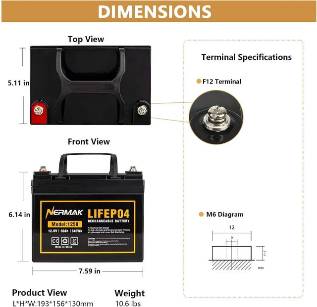 Alt view image 2 of 7 - NERMAK 12V 50Ah LiFePO4 Deep Cycle Battery,4000+ Cycles Lithium Iron Phosphate Rechargeable Battery for Solar, Marine, Home Energy Storage, Off-Grid Applications and More, Built-in 100A BMS