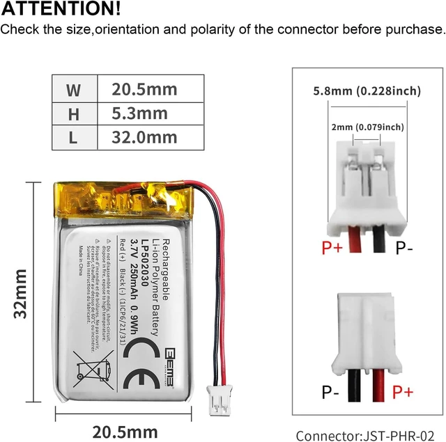 Alt view image 3 of 7 - EEMB 3.7V 502030 250mAh Lipo Battery Rechargeable JST 2.0mm 4-Pack