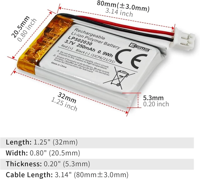 Alt view image 5 of 7 - EEMB 3.7V 502030 250mAh Lipo Battery Rechargeable JST 2.0mm 4-Pack