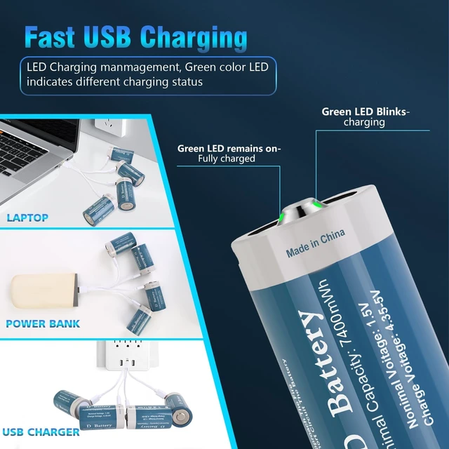 Alt view image 2 of 7 - Rechargeable D Batteries 4 Pack, Long-Lasting 1.5V 7400mWh Lithium D Size Battery with USB Charging Cable