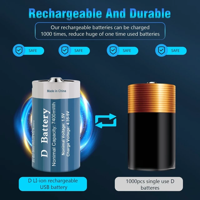 Alt view image 3 of 7 - Rechargeable D Batteries 4 Pack, Long-Lasting 1.5V 7400mWh Lithium D Size Battery with USB Charging Cable