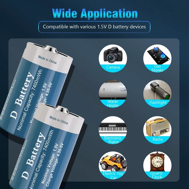 Alt view image 6 of 7 - Rechargeable D Batteries 4 Pack, Long-Lasting 1.5V 7400mWh Lithium D Size Battery with USB Charging Cable