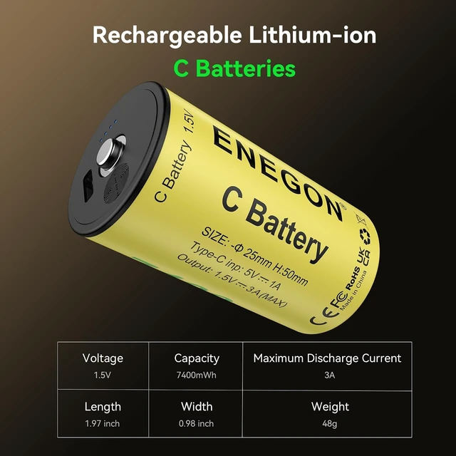 Alt view image 4 of 7 - ENEGON Rechargeable Lithium C Batteries 4 Pack, 7400mWh 500+ Charge Cycles