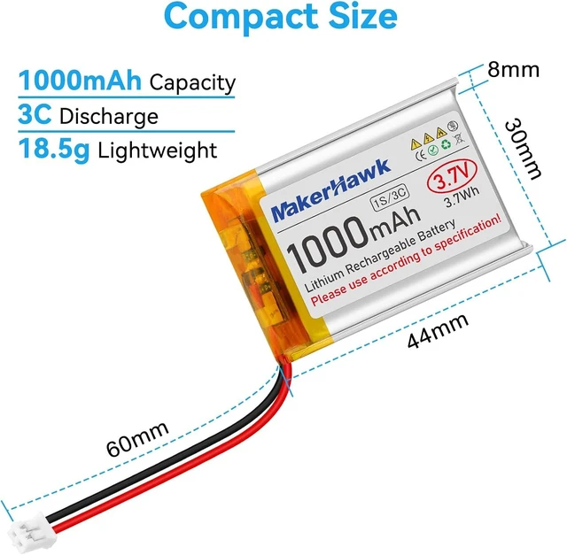 Alt view image 6 of 7 - MakerHawk 3.7V Lipo Battery 1000mAh 803040 Rechargeable Lithium Polymer Battery with Micro PH1.25 Connector Integrated Protection Circuit for Electronic Device (4 Pcs)