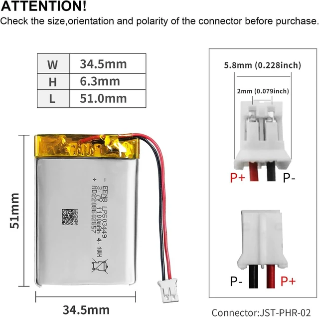 Alt view image 3 of 7 - EEMB 4PACK Lipo Battery 3.7V 1100mAh 603449 Rechargeable Wire JST 2.0mm
