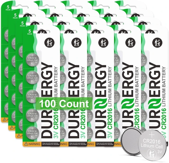 Main image of DURNERGY CR2016 3V Lithium Battery 100-Pack, 2016 Coin Cell Batteries for Key Fob Car Remote, Watch, Thermometer Remote, 2016, ECR2016, KCR2016, BR2016, DL2016
