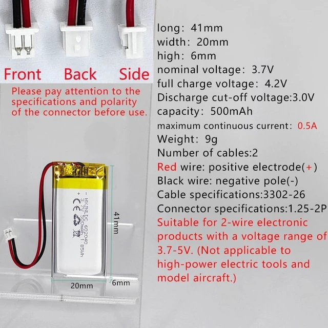 Alt view image 2 of 5 - DC 3.7V 500mAh 602040 Rechargeable Lithium Polymer Battery, Suitable for DIY 3.7-5V Electronic Products with Built-in 2-Wire Battery Replacement and LED Lights