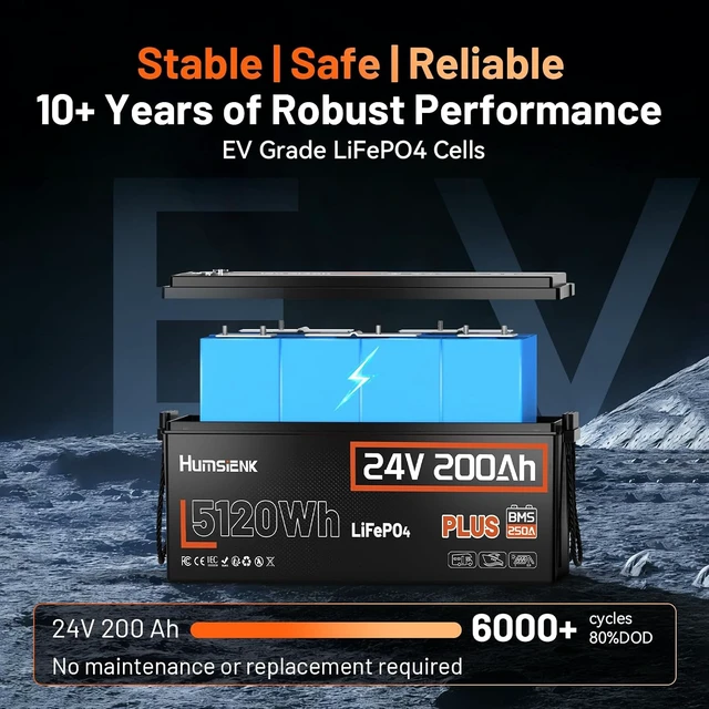 Alt view image 5 of 7 - HumsiENK 24V 200Ah Plus LiFePO4 Lithium Battery, Upgraded 250A BMS