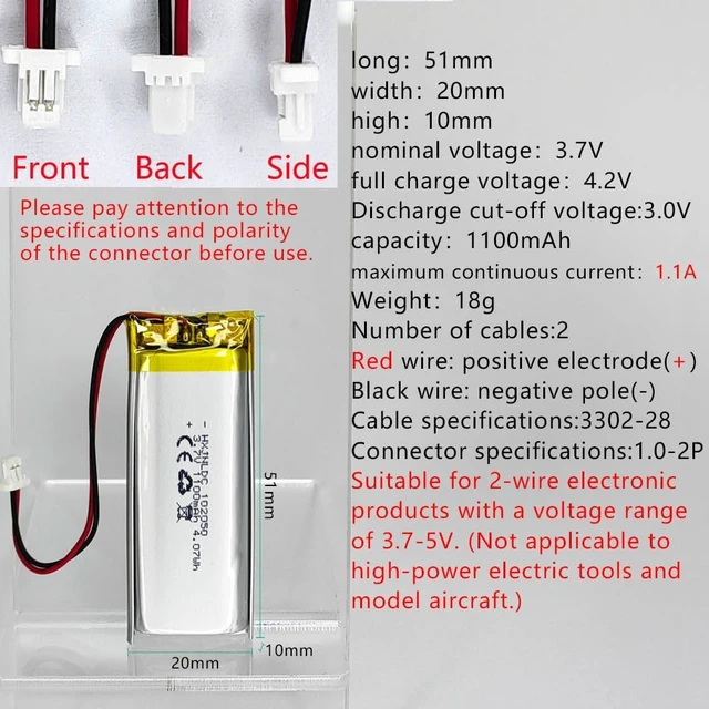 Alt view image 2 of 6 - DC 3.7V 1100mAh 102050 Rechargeable Lithium Polymer Battery, Suitable for DIY 3.7-5V Electronic Products with Built-in 2-Wire Battery Replacement and LED Lights
