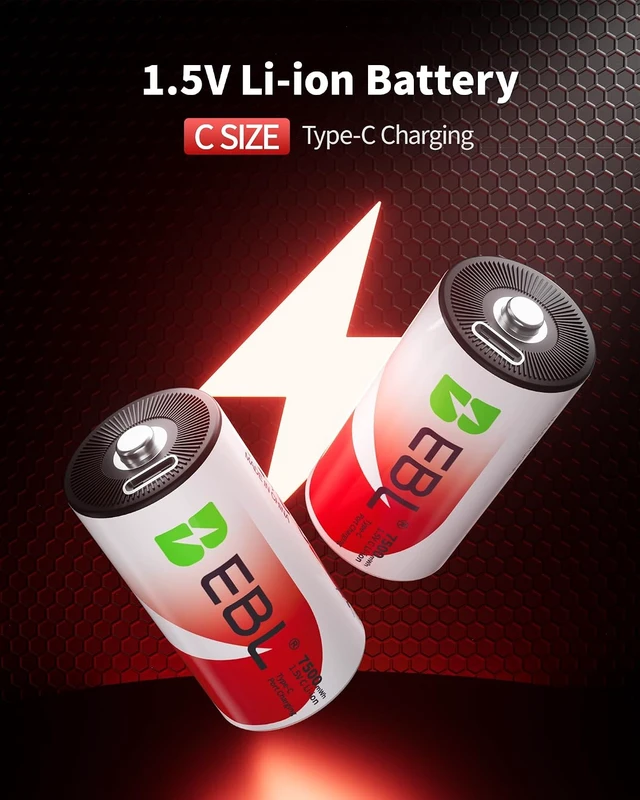 Alt view image 2 of 7 - EBL Rechargeable C Batteries 7500mWh Lithium, USB-C Fast Charge (2 Pack)