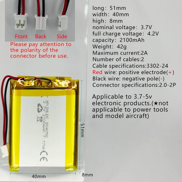 Alt view image 2 of 6 - DC 3.7V 2100mAh 804050 li-ion Lithium Ion Polymer Battery Replacement for DIY 3.7-5V Electronic Products with Built-in 2-Wire Battery Replacement, Mobile Energy Storage Power Supply