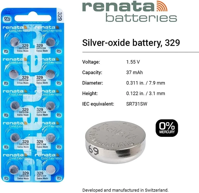 Alt view image 2 of 6 - Renata 329 SR731SW Batteries - 1.55V Silver Oxide 329 Watch Battery (10 Count)