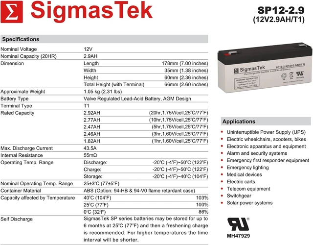 Alt view image 3 of 6 - SigmasTek PS-1229-F1, PM1229, RB1229, CP12-2.6 Compatible SLA Battery, 12V 2.9Ah F1 SP12-2.9 (T1)