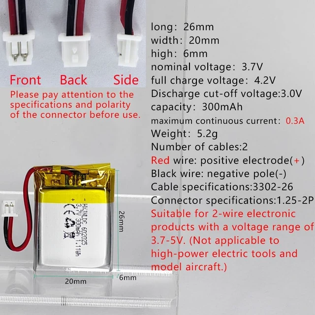 Alt view image 2 of 5 - DC 3.7V 300mAh 602025 Rechargeable Lithium Polymer Battery, Suitable for DIY 3.7-5V Electronic Products with Built-in 2-Wire Battery Replacement and LED Lights