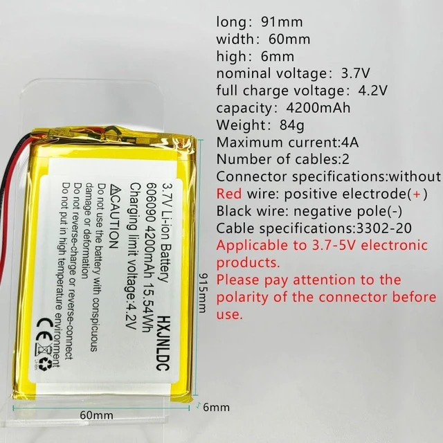 Alt view image 2 of 6 - DC 3.7V 4200mah 606090 Rechargeable Lithium Polymer Replacement Battery for DIY 3.7-5V Electronic Products with Built-in 2-Wire Battery Replacement, Mobile Energy Storage Power Supply.