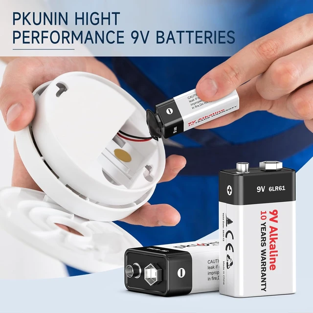 Alt view image 4 of 7 - PKUNIN 9V Batteries 12 Pack Alkaline 9 Volt Battery for Smoke Detector Long-Lasting Square 9V 6LR61 Fire Alarm Batteries 10-Year Shelf Life