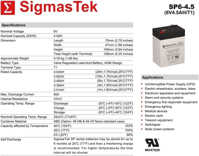 Alt view image 3 of 6 - 3FM4.5 Compatible SLA Battery, 6V 4.5Ah F1 by SigmasTek