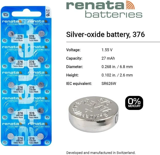 Alt view image 2 of 6 - Renata 376 SR626W Batteries - 1.55V Silver Oxide 376 Watch Battery (10 Count)