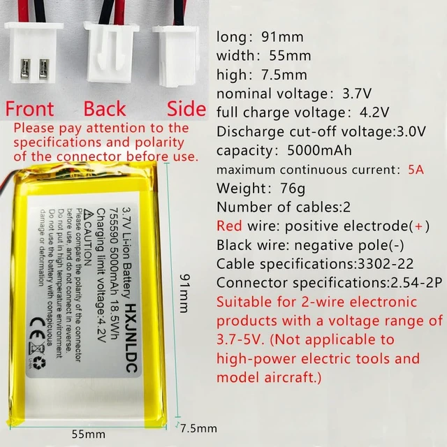 Alt view image 2 of 7 - DC 3.7V 5000mAh 755590 li-ion Lithium Ion Polymer Battery Replacement for DIY 3.7-5V Electronic Products with Built-in 2-Wire Battery Replacement, Mobile Energy Storage Power Supply