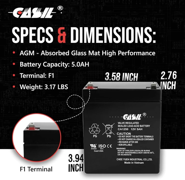 Alt view image 4 of 7 - Casil 12V 5Ah Battery SLA AGM VRLA Rechargeable Replacement for Alarms, Security, Garage Door Openers for Chamberlain, Genie, Liftmaster, Craftsman, Workhorse