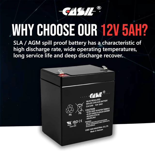 Alt view image 6 of 7 - Casil 12V 5Ah Battery SLA AGM VRLA Rechargeable Replacement for Alarms, Security, Garage Door Openers for Chamberlain, Genie, Liftmaster, Craftsman, Workhorse